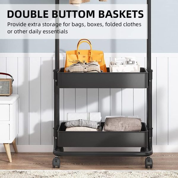 رگال Garment Rack 3-in-1 Garment Rack Shoe Rack Clothing Rack with 2 Tiers Basket and 2 Side Hooks Movable Storage Cart for Living Room Bedroom Dressing Room Entryway Black - تصویر 4
