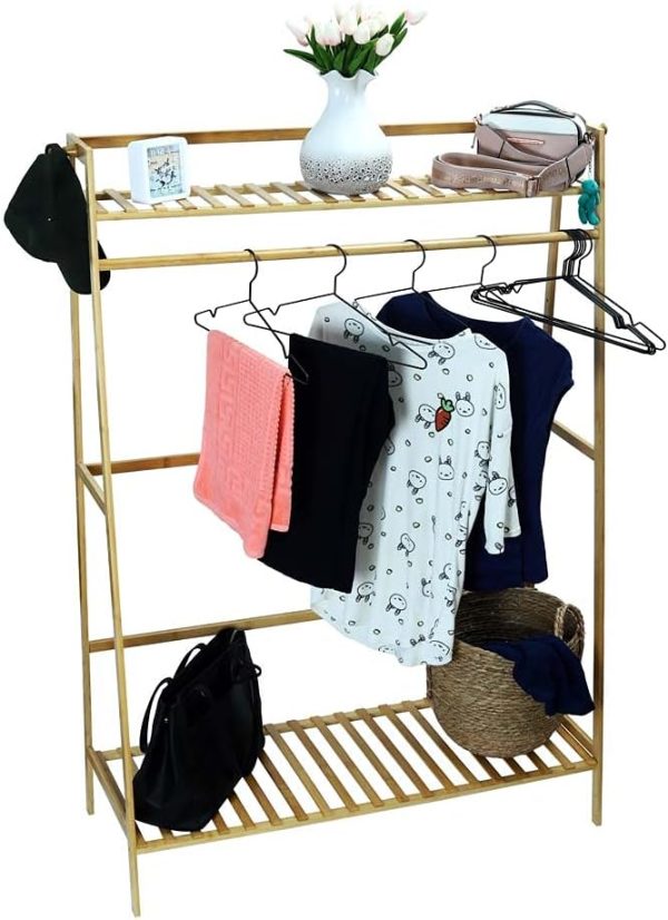 رگال YAHOME Free Standing Clothes Rack Bamboo Garment Rack Stand Clothing Rod Single Rail With Bottom And Upper Storage Shelf For Shoes Handbags Basket Indoor Bedroom Decor - تصویر 3