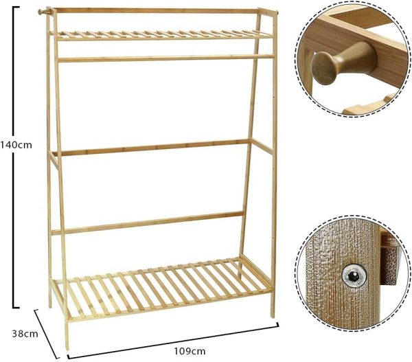 رگال YAHOME Free Standing Clothes Rack Bamboo Garment Rack Stand Clothing Rod Single Rail With Bottom And Upper Storage Shelf For Shoes Handbags Basket Indoor Bedroom Decor - تصویر 4