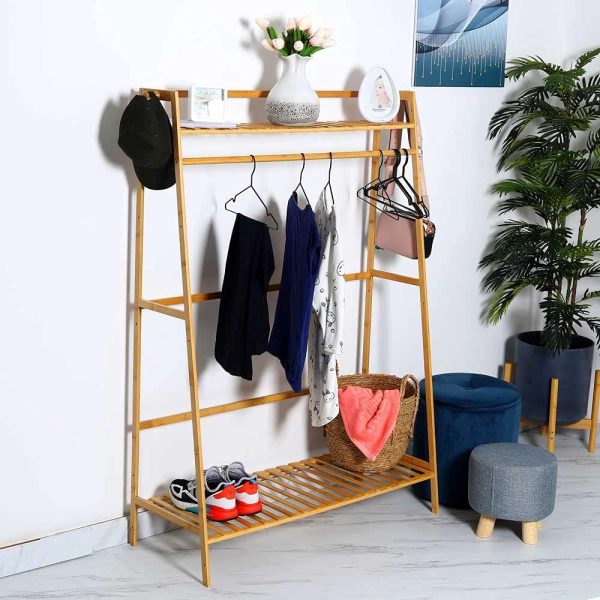 رگال YAHOME Free Standing Clothes Rack Bamboo Garment Rack Stand Clothing Rod Single Rail With Bottom And Upper Storage Shelf For Shoes Handbags Basket Indoor Bedroom Decor - تصویر 5