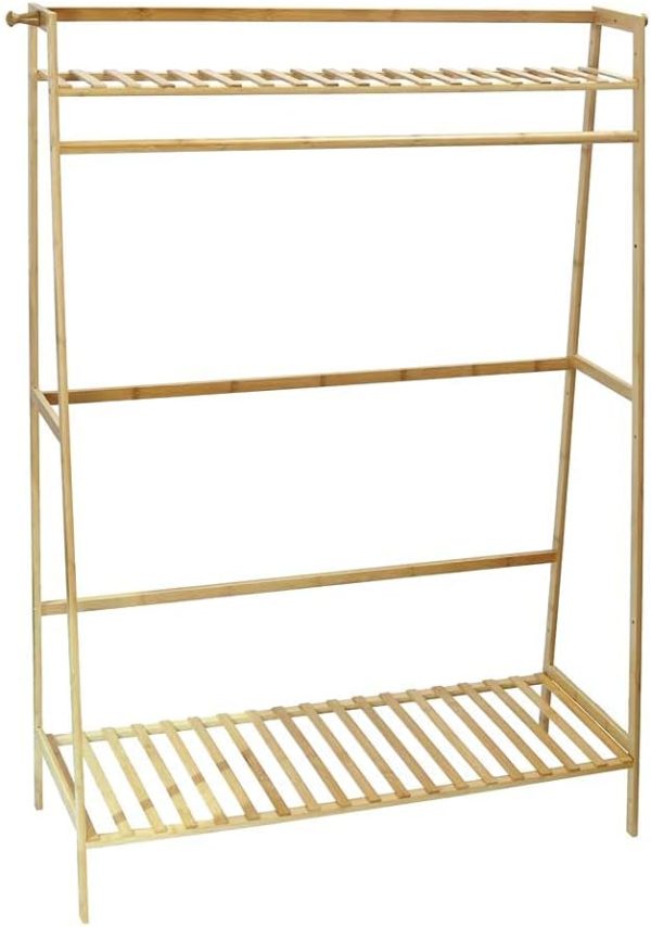 رگال YAHOME Free Standing Clothes Rack Bamboo Garment Rack Stand Clothing Rod Single Rail With Bottom And Upper Storage Shelf For Shoes Handbags Basket Indoor Bedroom Decor - تصویر 7