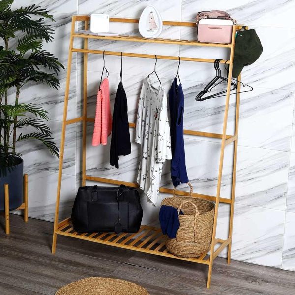 رگال YAHOME Free Standing Clothes Rack Bamboo Garment Rack Stand Clothing Rod Single Rail With Bottom And Upper Storage Shelf For Shoes Handbags Basket Indoor Bedroom Decor - تصویر 8