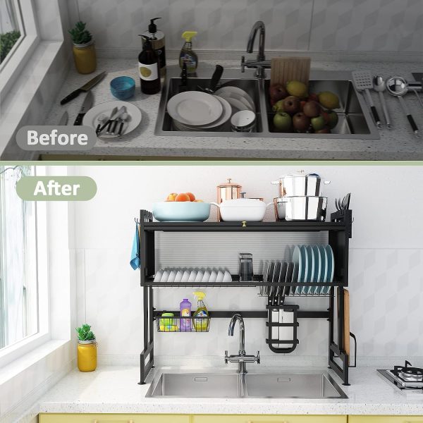 آبچکان Heavy Duty Over The Sink Dish Drying, 3 Tier Metal Over The Counter Dish Drying Rack with Dust-Proof Cabinet, - تصویر 5