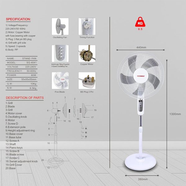 پنکه STARGOLD 16" Electric Stand Fan 60W - 3 Speed and 5 Blades - تصویر 4