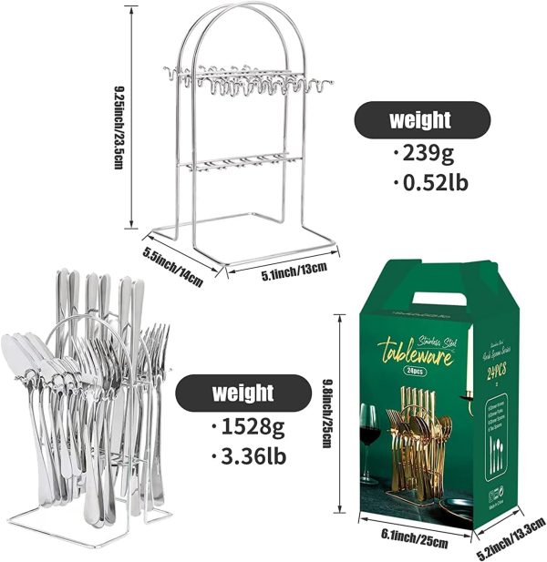 قاشق و چنگال 24 Pieces Stainless Steel Flatware Set with Stand, Cutlery Set Mirror Polished, Service for 6, - تصویر 5