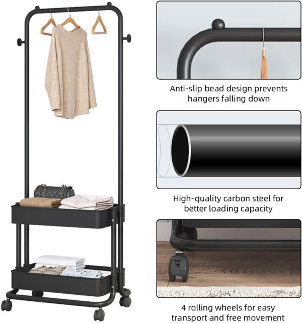 رگال Garment Rack 3-in-1 Garment Rack Shoe Rack Clothing Rack with 2 Tiers Basket and 2 Side Hooks Movable Storage Cart for Living Room Bedroom Dressing Room Entryway Black - تصویر 5