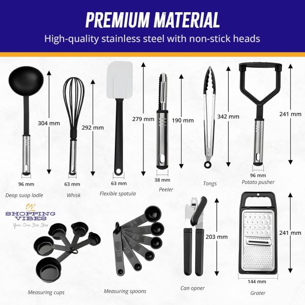 کفگیر و ملاقه SHOPPING VIBES Premium Chef-Grade Kitchen Utensils: Food-Safe Stainless-Steel Set of 25 pcs for Newlyweds & Cooking Enthusiasts - تصویر 5