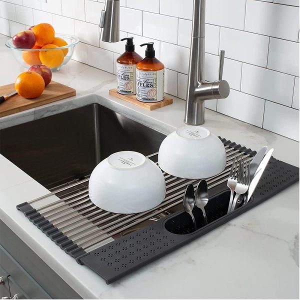 آبچکان   Click to open expanded view AMERTEER Sink Drying Rack Roll Up | RollUp Dish Drying Rack Over the Sink | Roll Up Drying Rack with Utensil Holder - تصویر 6
