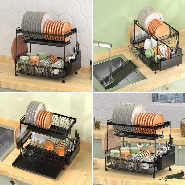 آبچکان  SFIX Dish Drying Stand 2 Tiers With Drainer Large Kitchen Dish Rack with Removable Cutting Board Holder Utensil - تصویر 6