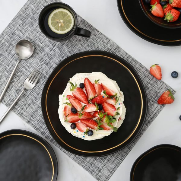 ظروف سرامیکی Stone Lain Clara Porcelain 16 Piece Round Dinnerware Set, Black, Black With Gold, Service For 4 - تصویر 6