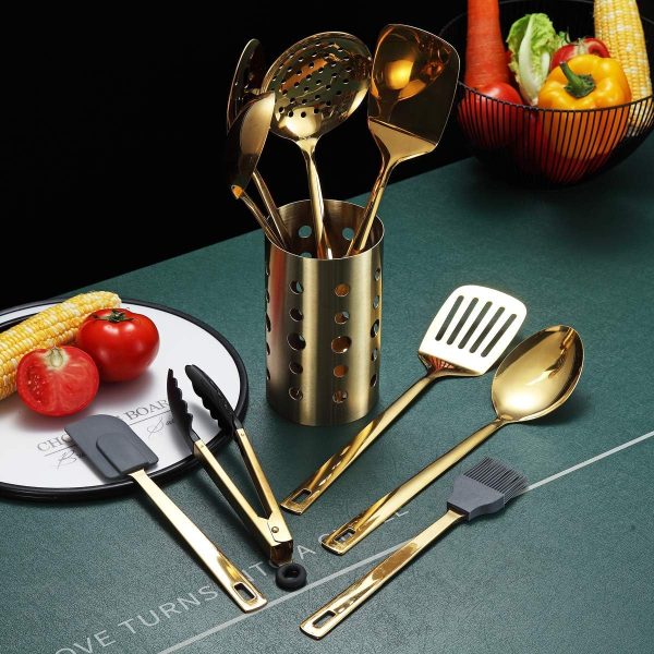 کفگیر و ملاقه Berglander Gold Cooking Utensils Set, Stainless Steel 13 Pieces Kitchen Utensils Set with Titanium Gold Plating - تصویر 6