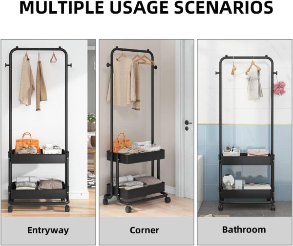 رگال Garment Rack 3-in-1 Garment Rack Shoe Rack Clothing Rack with 2 Tiers Basket and 2 Side Hooks Movable Storage Cart for Living Room Bedroom Dressing Room Entryway Black - تصویر 7