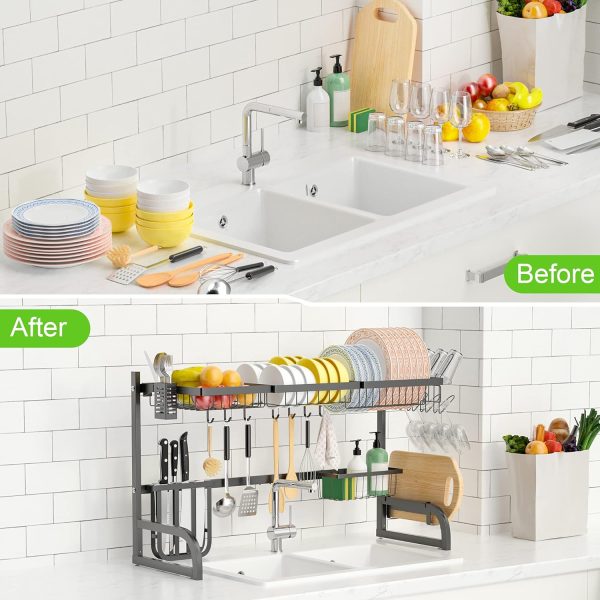 آبچکان Over The Sink Dish Drying Rack 2 Tier Adjustable Dish Rack (33.5"-39.4") - تصویر 7