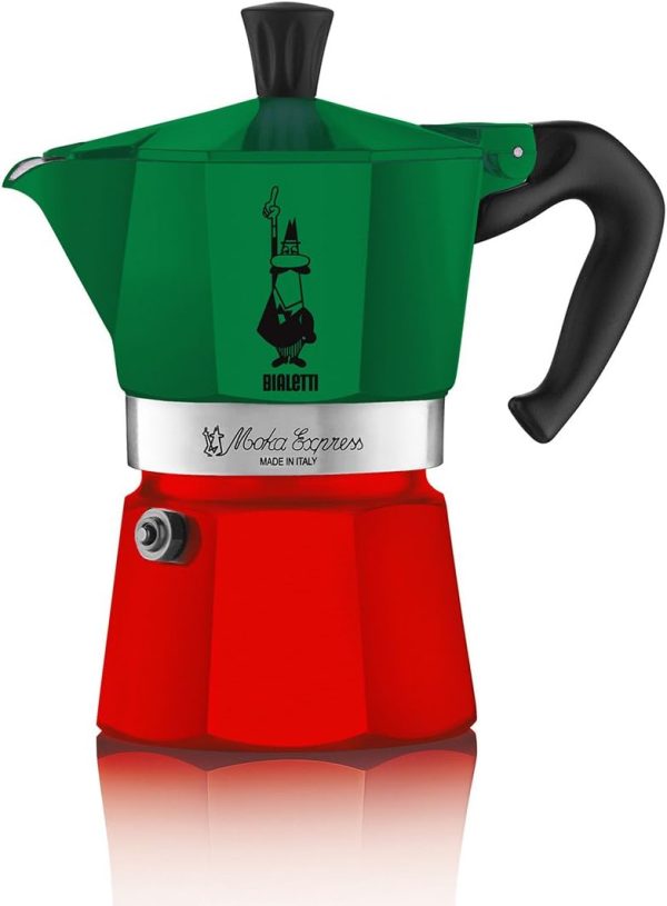 قهوه جوش Bialetti - Moka Express Italia Collection: Iconic Stovetop Espresso Maker, Makes Real Italian Coffee, Moka Pot 3 Cups (4.3 Oz - 130 Ml), Aluminium, Colored in Red Green Silver