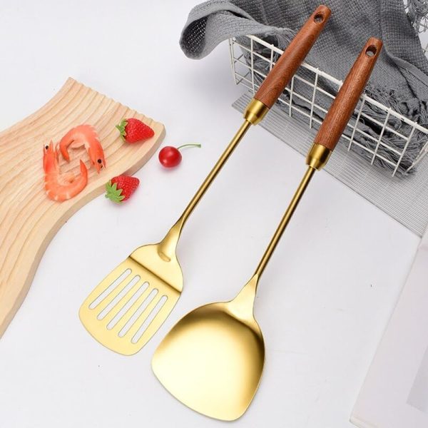 کفگیر و ملاقه LAVISHINE Stainless Steel Kitchenware Four Pieces Set (Brown Gold) Cooking Utensils 4 Pcs - تصویر 7