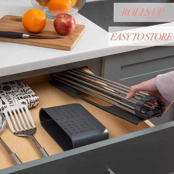 آبچکان   Click to open expanded view AMERTEER Sink Drying Rack Roll Up | RollUp Dish Drying Rack Over the Sink | Roll Up Drying Rack with Utensil Holder - تصویر 8
