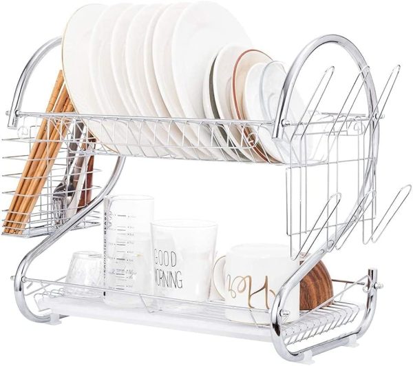 آبچکان Toshionics 2 Layer Over The Sink Stainless Steel Dish Drying Draining Multifunctional Kitchen Counter Space Organizer Storage Rack With Utensils - تصویر 8