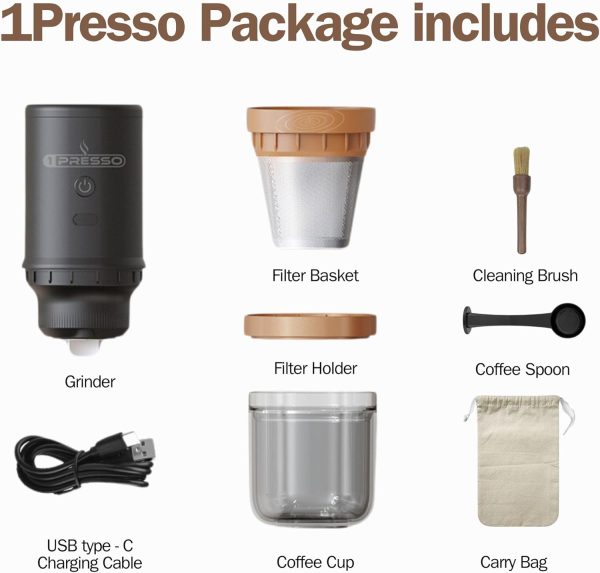 قهوه ساب 1Presso Portable Coffee Grinder and Pour over V60 Coffee Machine - Stainless Steel Conical Burr with 25 Grind Setting, Reuseable V60 Filter and Cup, Perfect for Outdoors, Office and Home (Brown) - تصویر 3