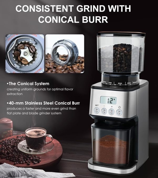 قهوه ساب  Homtone Coffee Grinder Electric Conical Burr, Adjustable Coffee Grinder with 51 Precise Settings, 12 Cup Anti-Static Coffee Bean Grinder for Espresso/Drip/Pour Over/French Press (BD-CG018S - تصویر 4