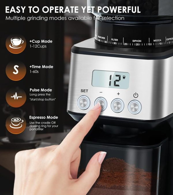قهوه ساب  Homtone Coffee Grinder Electric Conical Burr, Adjustable Coffee Grinder with 51 Precise Settings, 12 Cup Anti-Static Coffee Bean Grinder for Espresso/Drip/Pour Over/French Press (BD-CG018S - تصویر 5