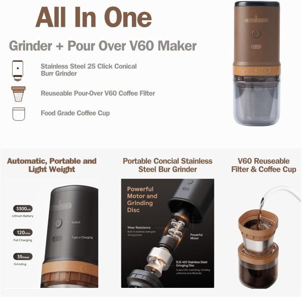 قهوه ساب 1Presso Portable Coffee Grinder and Pour over V60 Coffee Machine - Stainless Steel Conical Burr with 25 Grind Setting, Reuseable V60 Filter and Cup, Perfect for Outdoors, Office and Home (Brown) - تصویر 4