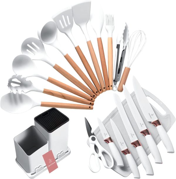 کفگیر و ملاقه L'île d'Asteria 19-Piece Kitchen Knife and Utensils Set with Storage Rack, Silicone Cooking Utensils Set - تصویر 5