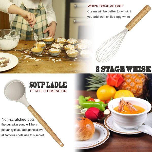 کفگیر و ملاقه Kitchen Utensils Set- 35 PCs Cooking Utensils with Grater,Tongs, Spoon Spatula &Turner Made of Heat Resistant Food Grade Silicone and Wooden Handles Kitchen Gadgets Tools Set for Nonstick Cookware - تصویر 8