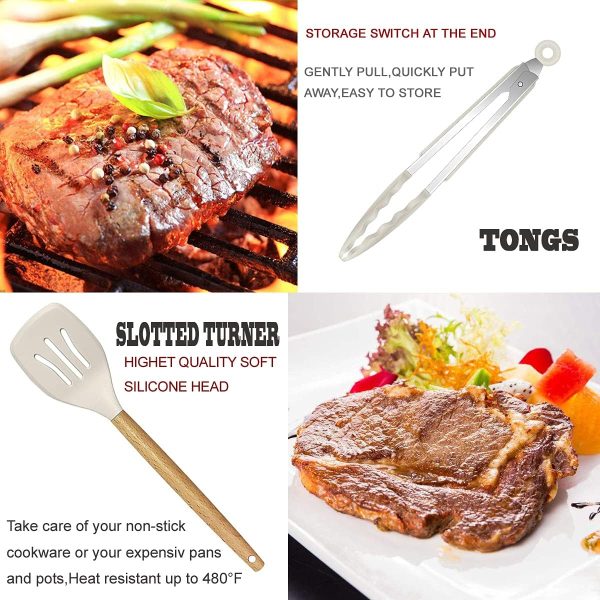 کفگیر و ملاقه Kitchen Utensils Set- 35 PCs Cooking Utensils with Grater,Tongs, Spoon Spatula &Turner Made of Heat Resistant Food Grade Silicone and Wooden Handles Kitchen Gadgets Tools Set for Nonstick Cookware - تصویر 7