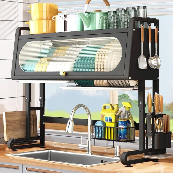 آبچکان Heavy Duty Over The Sink Dish Drying, 3 Tier Metal Over The Counter Dish Drying Rack with Dust-Proof Cabinet, - تصویر 9