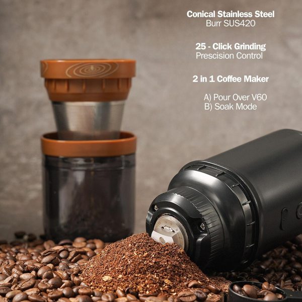 قهوه ساب 1Presso Portable Coffee Grinder and Pour over V60 Coffee Machine - Stainless Steel Conical Burr with 25 Grind Setting, Reuseable V60 Filter and Cup, Perfect for Outdoors, Office and Home (Brown) - تصویر 7