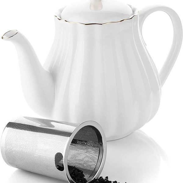 قوری سرامیکی  Angju Royal Teapot, Ceramic Tea Pot with Removable Stainless Steel Infuser, Blooming & Loose Leaf Teapot - 850ml (white)