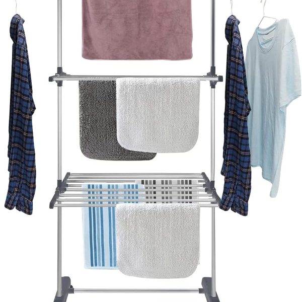 بند رخت Toworld Clothes Drying Rack Folding Clothes Rail 3 Tier Clothes Horses Rack Stainless Steel Laundry Garment Dryer Stand with Two Side Wings