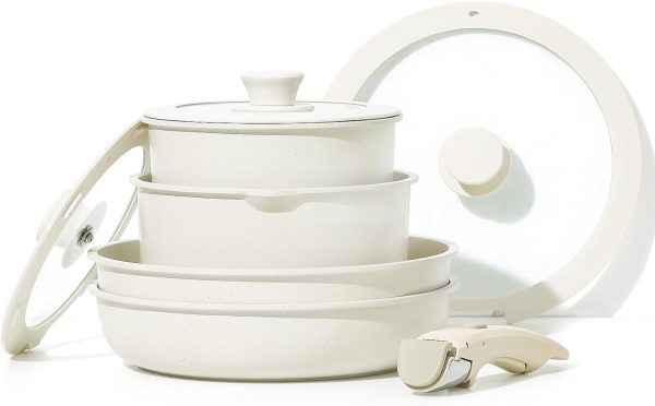 سرویس  قابلمه CAROTE 8pcs Pots and Pans Set, Nonstick Cookware Set Detachable Handle, Induction Kitchen Cookware Sets Non Stick with Removable Handle