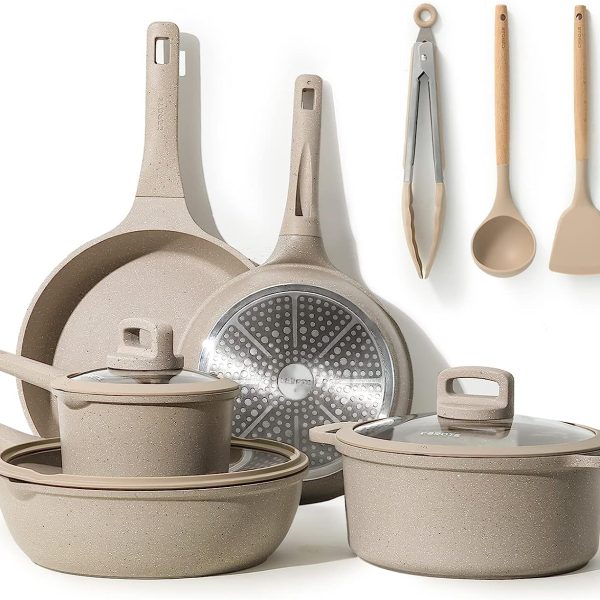 سرویس قابلمه CAROTE Non Stick Pots and Pans Set, 11 Pcs Induction Cookware Set, Stackable Kitchen Cookware, Pans for Cooking, Taupe Granite