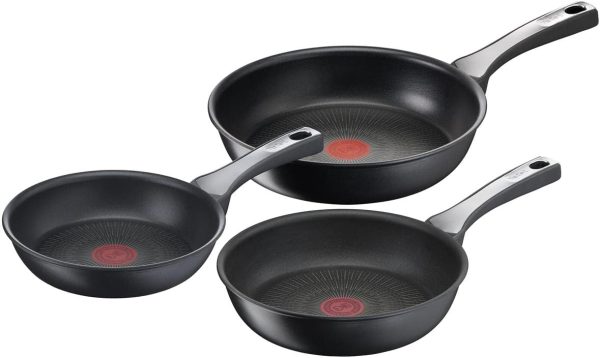 سرویس ماهی تابه Tefal Unlimited On, 3 piece Pan Set, Premium Cookware, 20cm,24cm & 28 cm Frying Pan, UK's Longest Lasting Non-stick, Heat Indicator, Induction Hob Compatible, Dishwasher Safe,Aluminium, bl