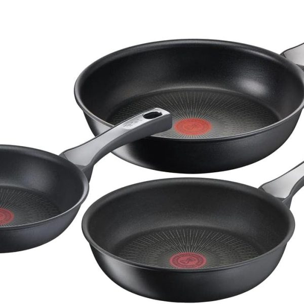 سرویس ماهی تابه Tefal Unlimited On, 3 piece Pan Set, Premium Cookware, 20cm,24cm & 28 cm Frying Pan, UK's Longest Lasting Non-stick, Heat Indicator, Induction Hob Compatible, Dishwasher Safe,Aluminium, bl
