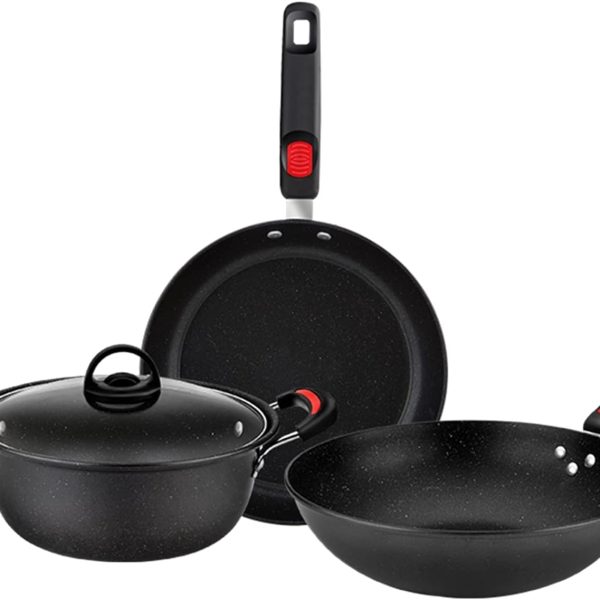 سرویس قابلمه POSICHE Fry Pan Non Stick Cast Iron Wok Pan Glass Lid Frying Pan Carbon Steel Hand Hammered, Non-Stick Pot 3Pcs Combination Set Household Multi-Function Frying Soup Pot Induction Cooker Gas Universal