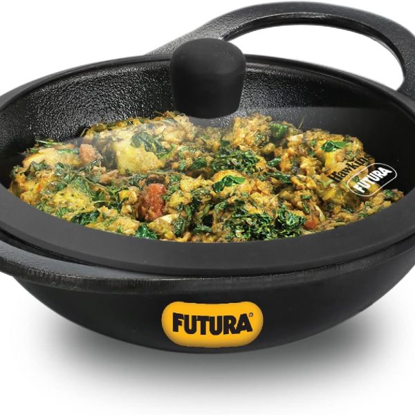 ماهی تابه وک Hawkins Futura 2 Litre Cast Iron Kadhai, Naturally Nonstick Cast Iron Kadai with Glass Lid, Cast Iron Cookware for Kitchen, Black (CIK20G)