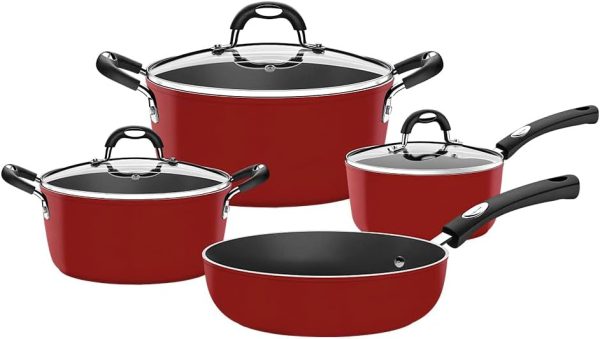سرویس قابلمه Tramontina Monaco Induction 7 Pieces Aluminum Cookware Set with Interior Starflon Premium PFOA Free Nonstick Coating and Exterior Red Silicon Coating