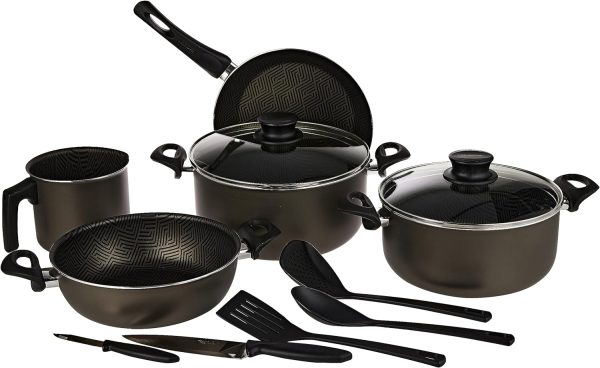 سرویس قابلمه Tramontina Paris 12 Pieces Lead-Colored Aluminum Cookware Set with Interior and Exterior Starflon Max PFOA Free Nonstick Coating