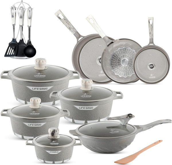 سرویس قابلمه Cookware Set Granite Stone - LIFE SMILE Pots and Pans set Multi Layer Granite Non Stick Coating Cookware Sets 100% PFOA FREE, Kitchenware Cooking Sets and Frying Pans (Grey (24 Pieces))