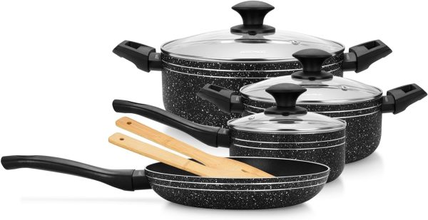 سرویس قابلمه Auroware Non Stick 9 Pcs Cookware Set Black, Pressed Aluminum, Kitchen Induction ready, Dishwasher safe with Frying pan and Wooden tools