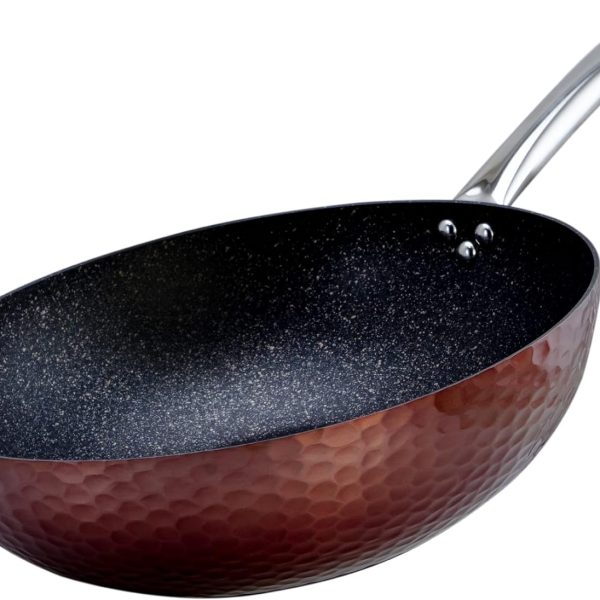 ماهی تابه وک WILSON ALUMINIUM COPPER HAMMERED WOK WITH INDUCTION BOTTOM AND MARBLE COATING INSIDE- 32CM (CKB4-CPR-WK32)