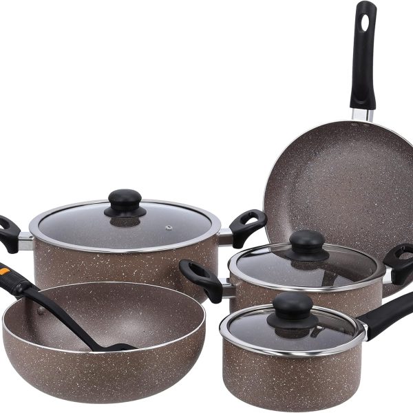سرویس قابلمه Delcasa DC1577BGE 9Pcs Aluminum Cookware Set Durable Marble Coating Non Stick Dish for Gas Induction & Ceramic Hobs Induction Bottom BEIGE