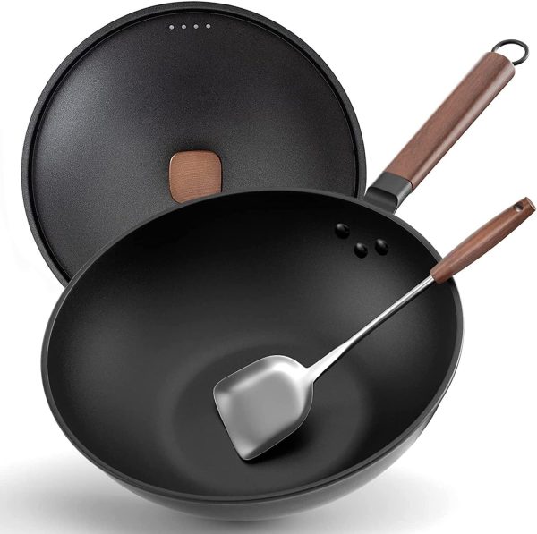 ماهی تابه وک Angju Carbon Steel Wok, 30cm Wok Pan with Lid and Spatula, Nonstick Woks and Stir-fry Pans, No Chemical Coated Flat Bottom Chinese Wok for Induction, Electric, Gas, All Stoves