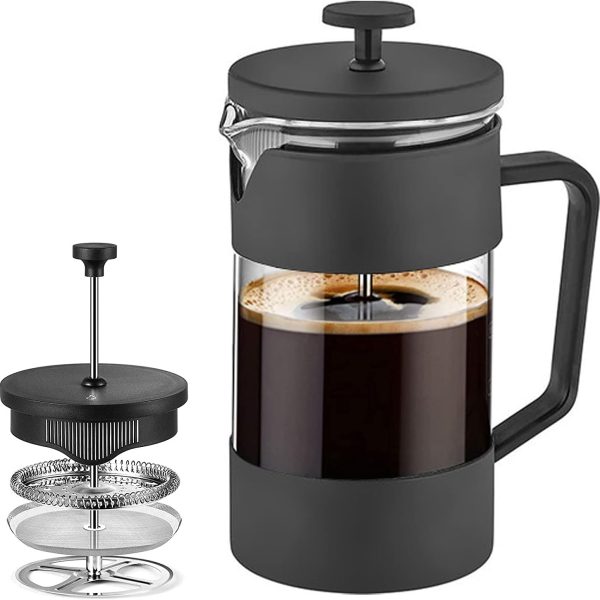 قهوه جوش Funito French Press Coffee & Tea Maker 600ml, Thickened Borosilicate Glass Coffee Press with Filter Screens, Rust-Free and Dishwasher Safe