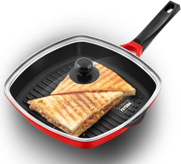 ماهی تابه Hawkins 30 cm Grill Pan, Non Stick Die Cast Grilling Pan with Glass Lid, Square Grill Pan for Gas Stove, Ceramic Coated Pan, Roast Pan (DCGP30G) (Red)