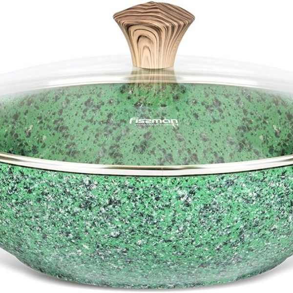 ماهی تابه وک Fissman Wok with Glass Lid MALACHITE Series - Aluminium with Non-Stick Coating (30cm/4.8L) Kadai Wokpan - Induction Bottom