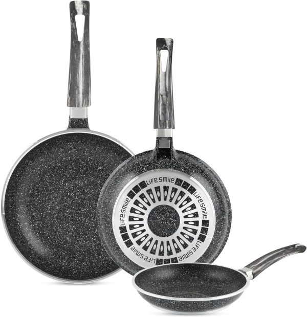 سرویس ماهی تابه LIFE SMILE Frying Pan Set - Multi Layer Granite Coating Fry Pan | Include 20 CM, 24 CM, 28 CM Non Stick Pan | Heat-Resistant Handle Hanging Loop (Black)