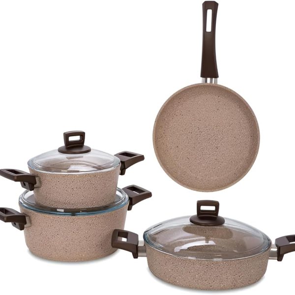 سرویس قابلمه Cookware Set 7 pieces - Pots and Pans set Granite Non Stick Coating 100% | PFOA FREE, Base Cooking Set Pots and Pan | Casserole, Shallow Pot, Frypan with Bakelite Handles | Tempered Glass Lid. - Beige